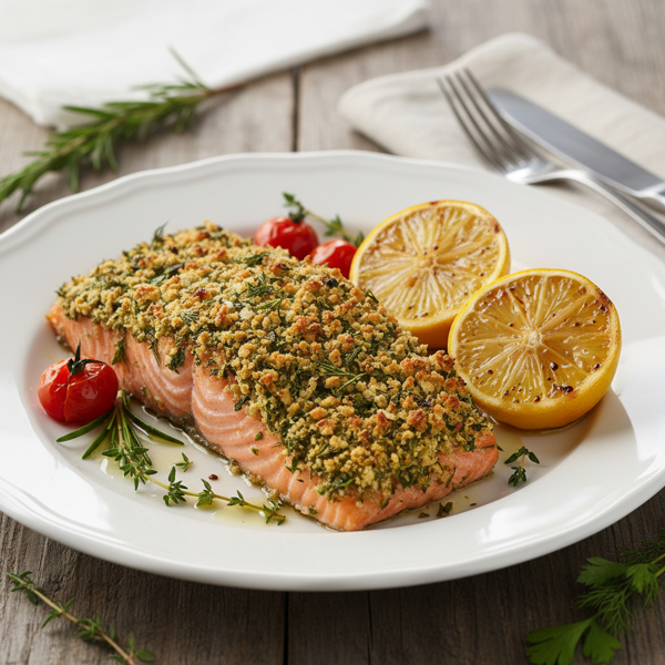 Herb-Crusted Salmon with Roasted Lemon recipe
