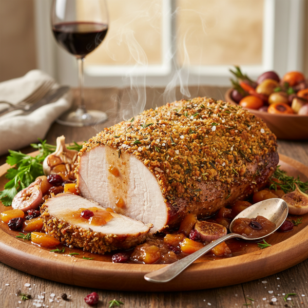 Herb-Crusted Whole Roasted Pork Loin with Fruit Glaze recipe