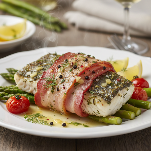 Herb-Infused Bacon-Wrapped Sea Bass recipe