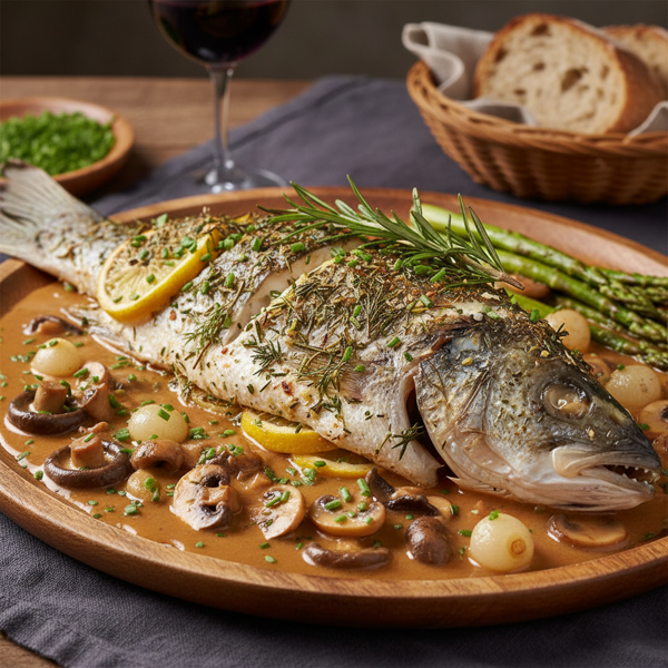 Herb-Infused Baked Fish with Savory Mushroom-Wine Sauce recipe