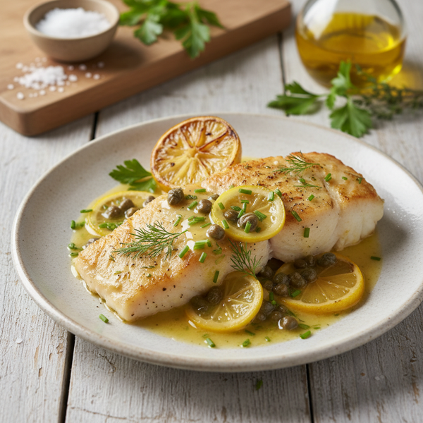 Herb-Infused Baked Halibut with Lemon-Caper Sauce recipe