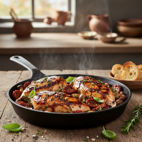 Herb-Infused Balsamic Chicken with Sun-Dried Tomatoes and Savory Mushrooms recipe