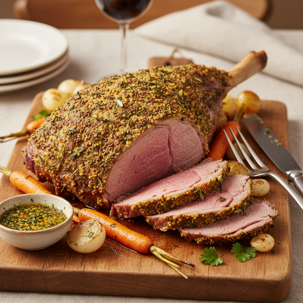 Herb-Infused Dijon Roast Leg of Lamb recipe