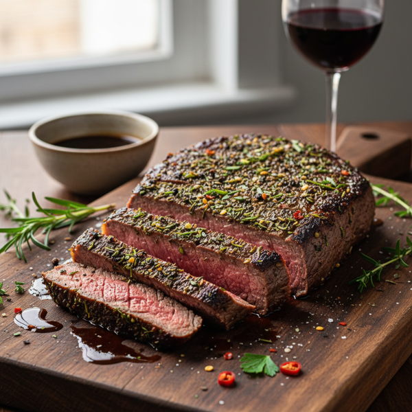 Herb-Infused Flank Steak with Soy-Wine Marinade recipe