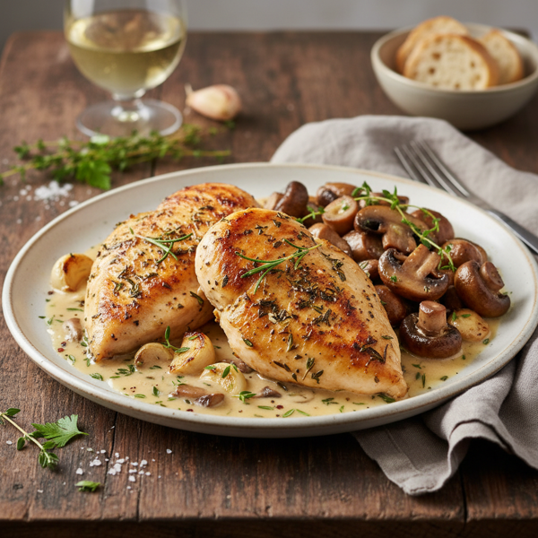 Herb-Infused Garlic Chicken with Sautéed Mushrooms and White Wine Sauce recipe