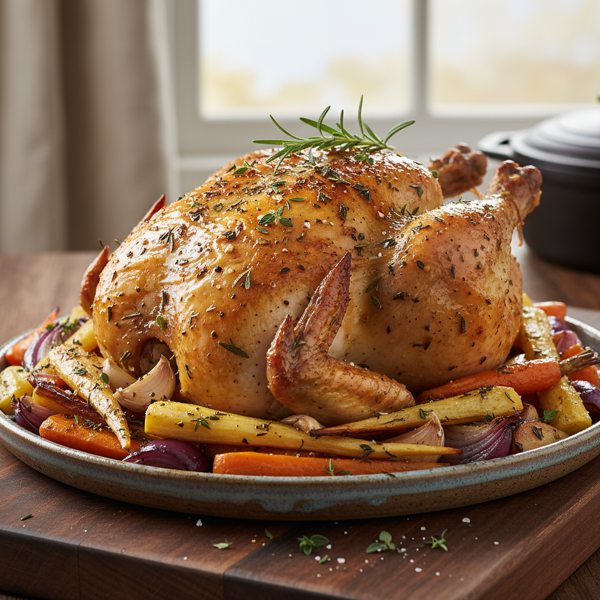 Herb-Infused Garlic Roast Chicken with Root Vegetables recipe