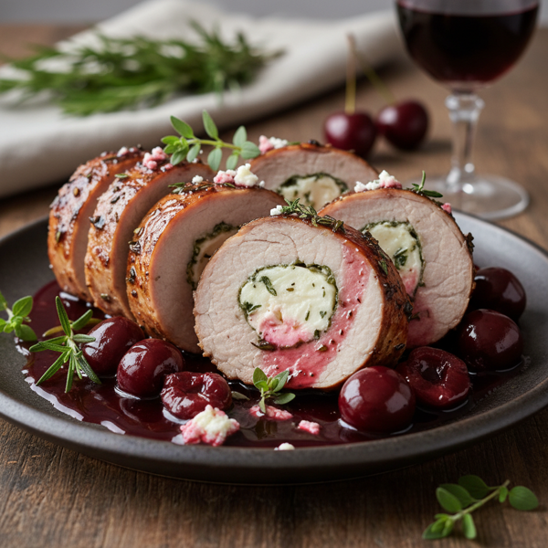 Herb-Infused Goat Cheese Stuffed Pork Tenderloin with Red Wine Cherry Reduction recipe