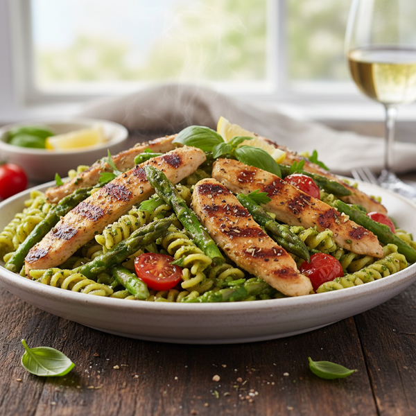 Herb-Infused Grilled Chicken & Asparagus Pasta with Creamy Parsley Pesto recipe