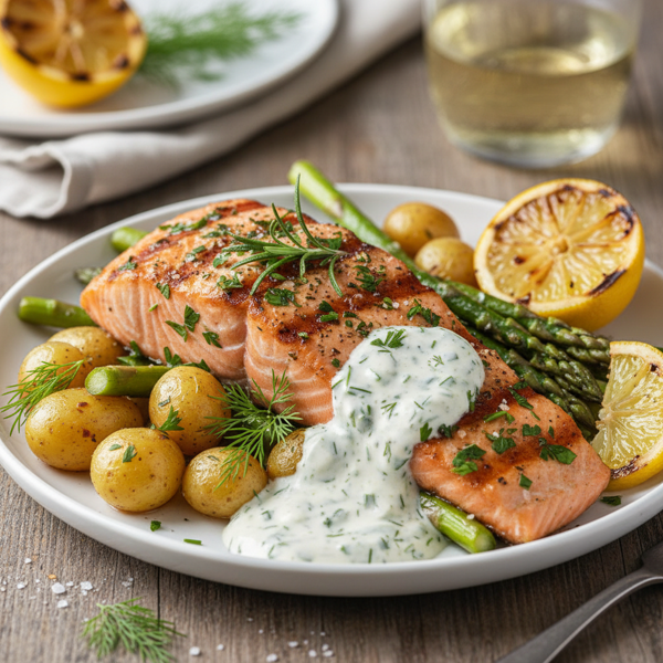 Herb-Infused Grilled Salmon with Creamy Dill Sauce recipe