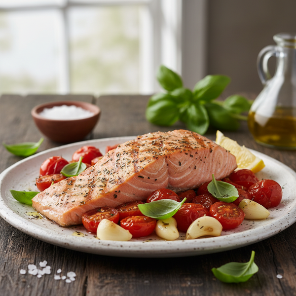 Herb-Infused Grilled Salmon with Roasted Tomatoes and Fresh Basil recipe