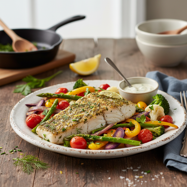 Herb-Infused Haddock with Colorful Veggie Medley recipe