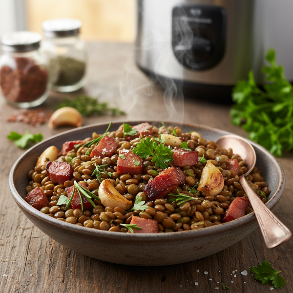Herb-Infused Lentils with Ham and Garlic (Crock Pot) recipe