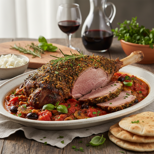 Herb-Infused Mediterranean Lamb with Tomato and Mushroom Sauce recipe