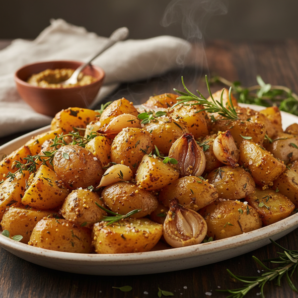 Herb-Infused Mustard Roast Potatoes with Caramelized Shallots and Garlic recipe