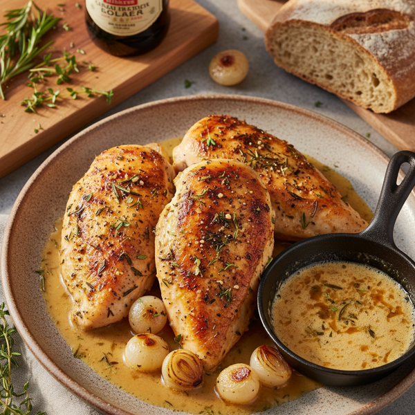 Herb-Infused Pan-Roasted Chicken Breasts with Creamy Ale Sauce recipe