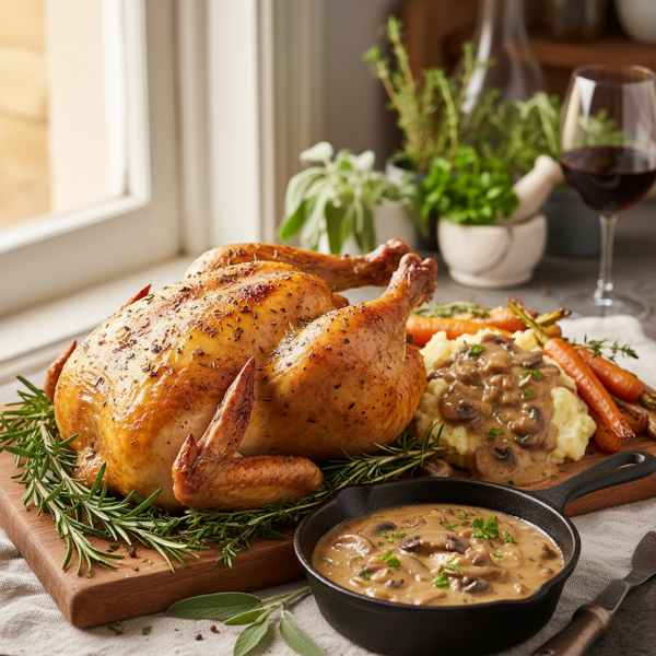 Herb-Infused Pan-Roasted Chicken with Creamy Mushroom Gravy recipe