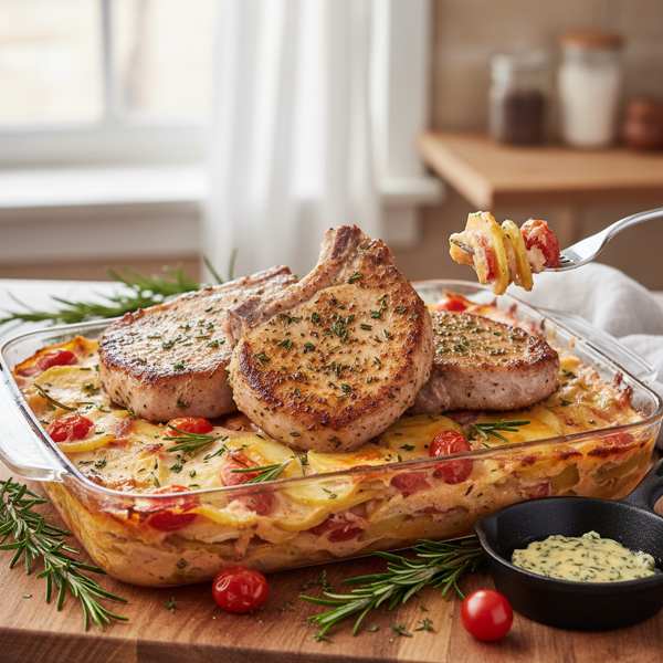 Herb-Infused Pork Chops on Creamy Tomato-Rosemary Potato Bake recipe