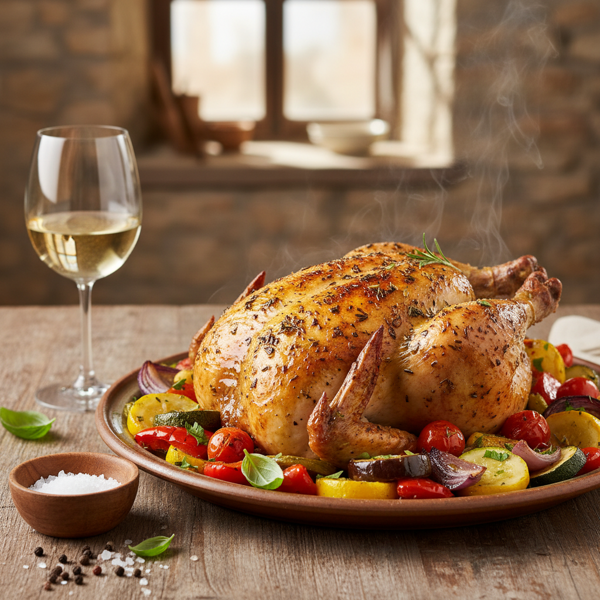 Herb-Infused Roast Chicken with Colorful Mediterranean Vegetables in White Wine recipe