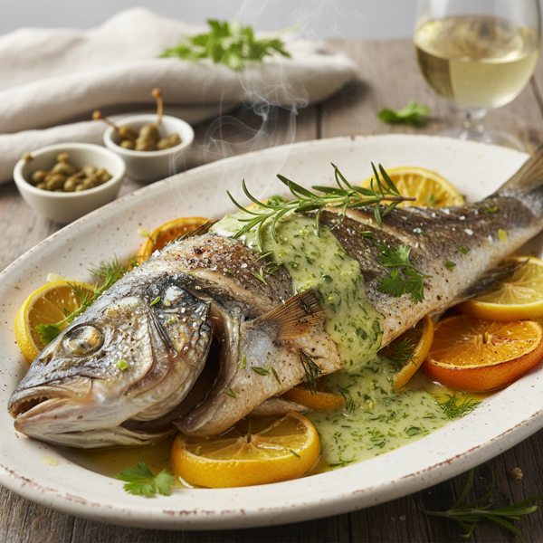 Herb-Infused Roasted Sea Bass with Zesty Dressing recipe