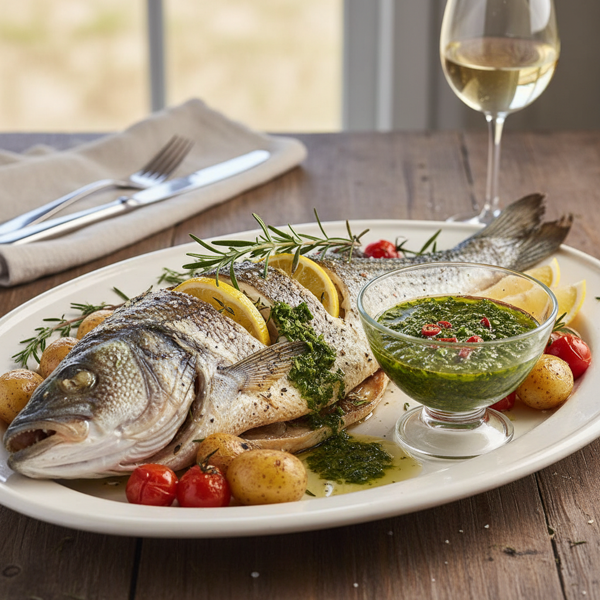 Herb-Infused Roasted Striped Bass with Zesty Salmoriglio Sauce recipe