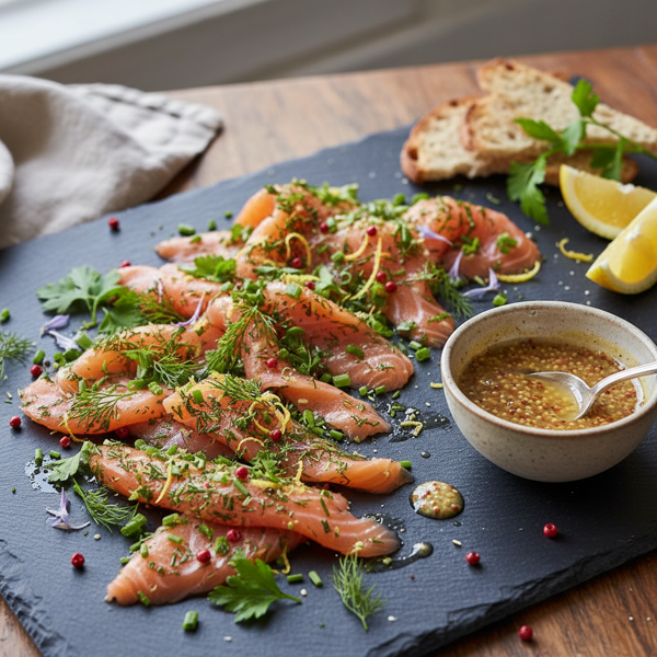 Herb-Infused Salmon Gravlax with Honey Mustard Dressing recipe