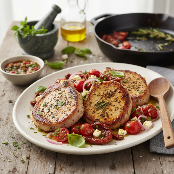Herb-Infused Seared Pork Chops with Sun-Dried Tomato Medley recipe