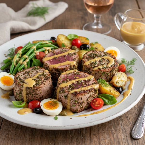 Herb-Infused Seared Tuna Niçoise with Zesty Honey-Mustard Vinaigrette recipe