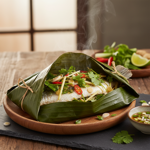 Herb-Infused Steamed Fish in Banana Leaves recipe
