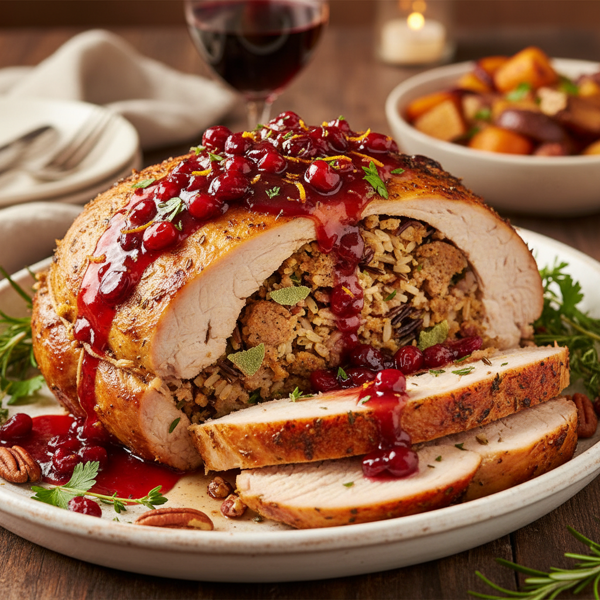 Herb-Infused Stuffed Turkey Breast with Sweet Cranberry Glaze recipe