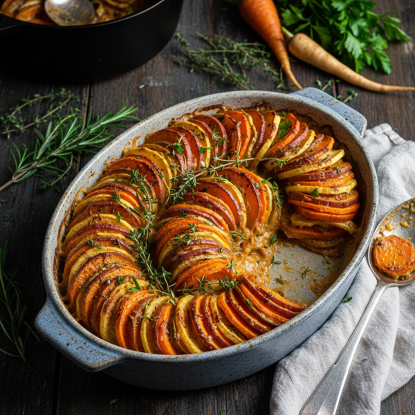 Herb-Infused Sweet Potato, Parsnip & Carrot Gratin recipe