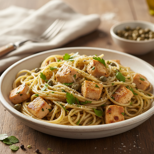 Herb-Infused Whole-Wheat Angel Hair with Garlic Chicken & Capers recipe