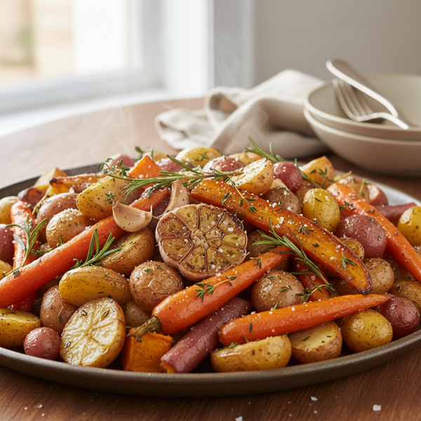 Herb-Roasted Sweet Potatoes, Potatoes, and Carrots with Garlic recipe
