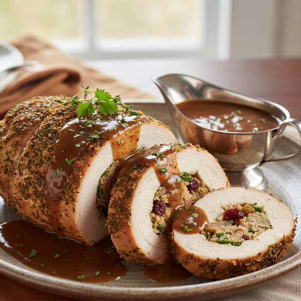 Herb-Stuffed Rolled Turkey Breast with Savory Gravy recipe