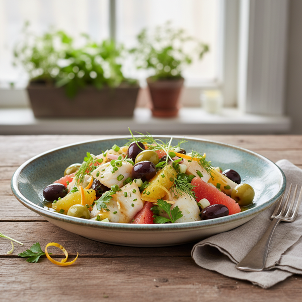 Herbed Baccala Salad with Olives and Citrus Dressing recipe