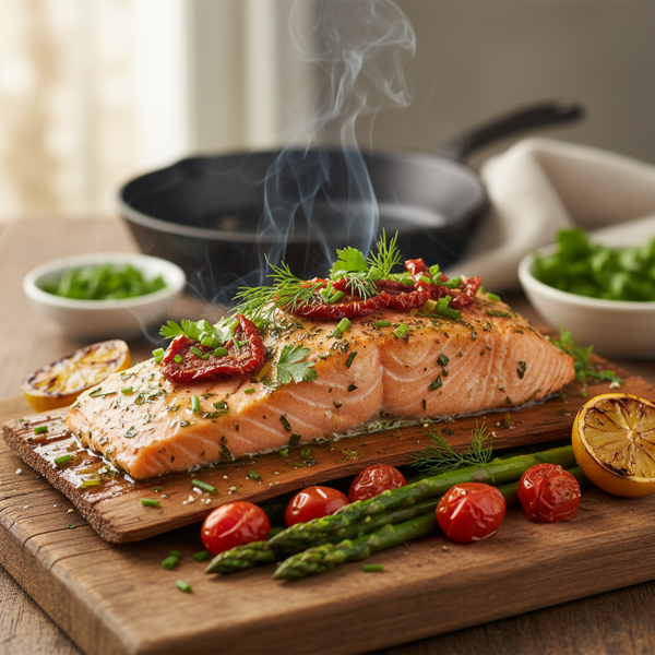 Herbed Cedar-Planked Salmon with Sun-Dried Tomatoes recipe
