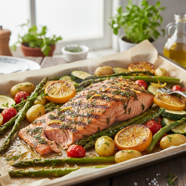 Herbed Citrus Salmon & Garden Veggies Bake recipe