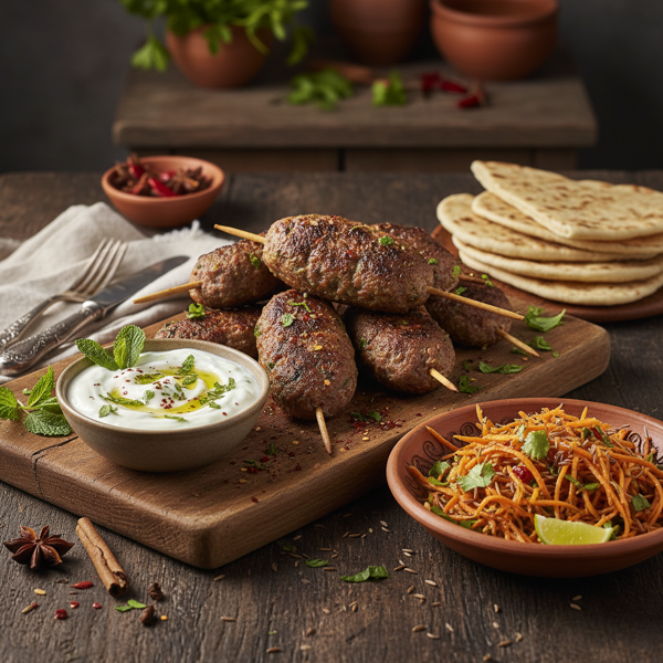 Herbed Lamb Kofta Kebabs with Creamy Mint Yogurt and Cumin-Spiced Carrot Salad recipe