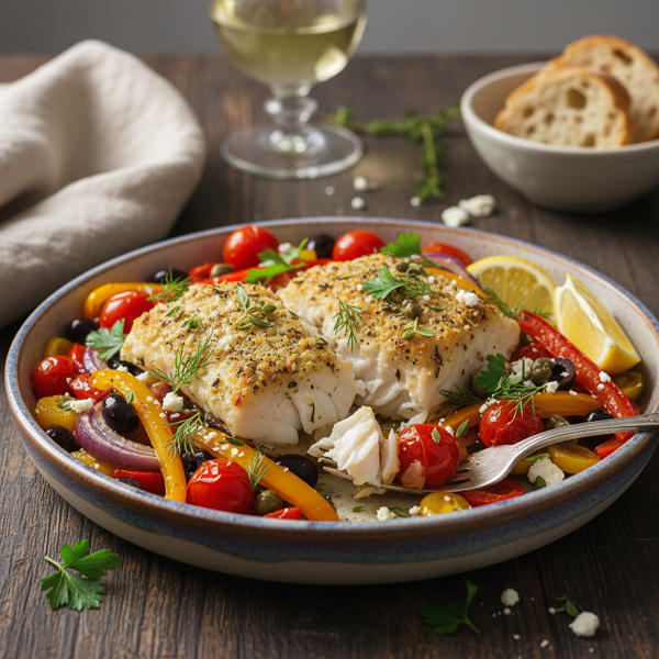 Herbed Mediterranean Cod with Tomato and Bell Pepper Medley recipe