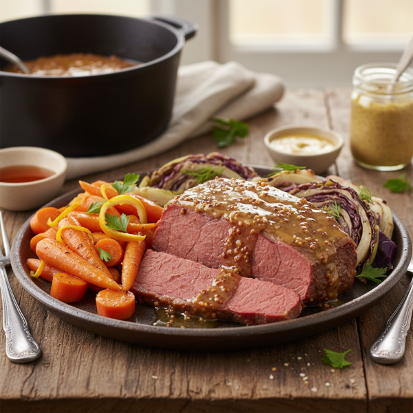 Honey Mustard Glazed Corned Beef with Citrus Carrots and Sautéed Cabbage recipe