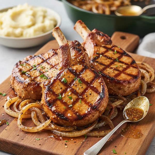 Honey Mustard Glazed Pork Chops with Caramelized Onions recipe