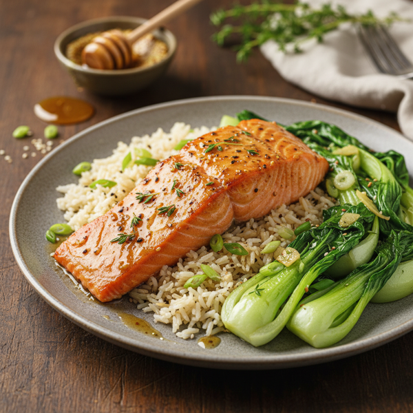 Honey Mustard Glazed Salmon with Sautéed Bok Choy and Basmati Rice recipe