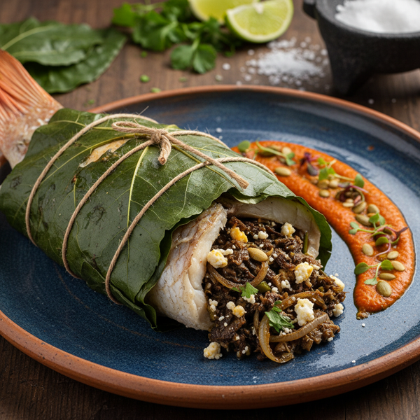 Huitlacoche Stuffed Fish en Hoja Santa recipe
