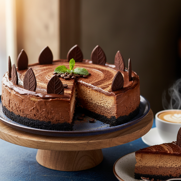 Indulgent Dark Chocolate Mocha Cheesecake with Chocolate Leaves recipe