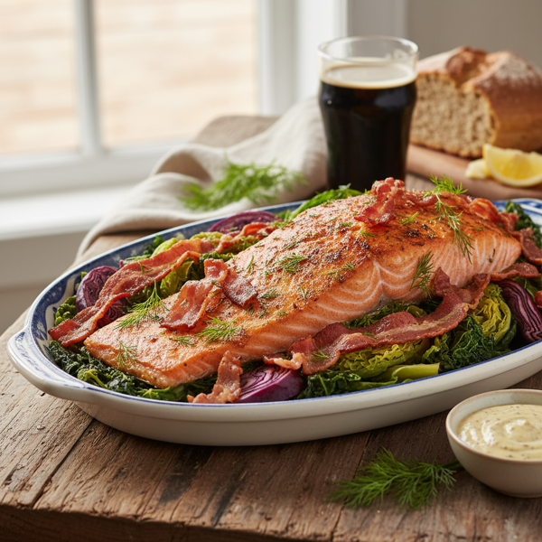 Irish-Inspired Slow-Roasted Salmon with Savory Cabbage, Crispy Bacon, and Fresh Dill recipe