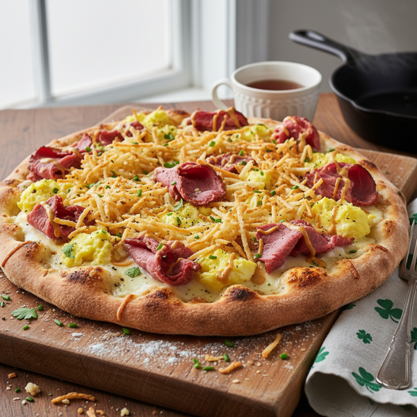 Irish Corned Beef Breakfast Pizza with Crispy Hash Browns recipe