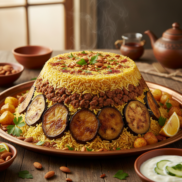 Layered Arabic Makloubeh with Spiced Beef and Fried Eggplant recipe