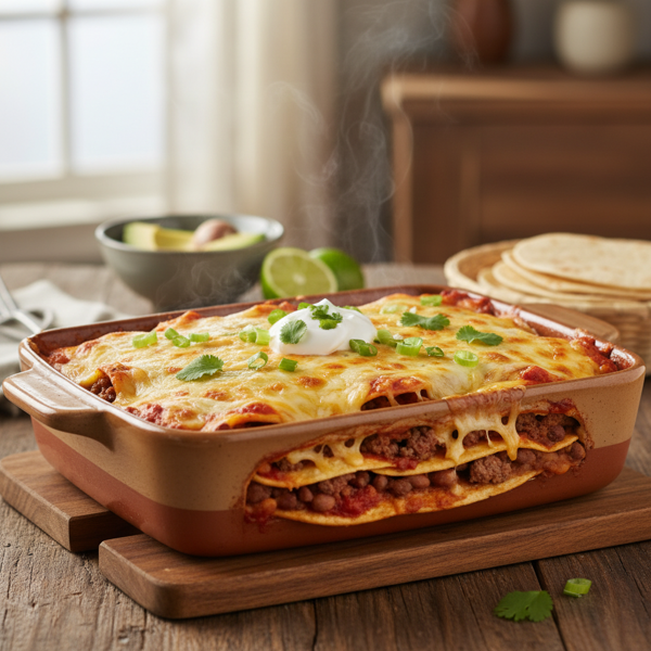 Layered Beef and Bean Enchilada Casserole recipe