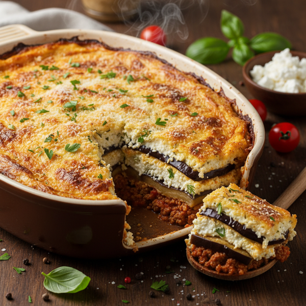 Layered Eggplant Moussaka with Savory Cottage Cheese recipe