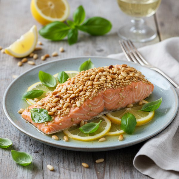 Lemon-Basil Poached Salmon with Toasted Pine Nut Topping recipe
