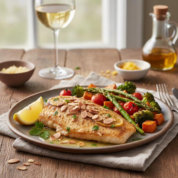Lemon-Butter Tilapia with Almonds and Roasted Veggies recipe